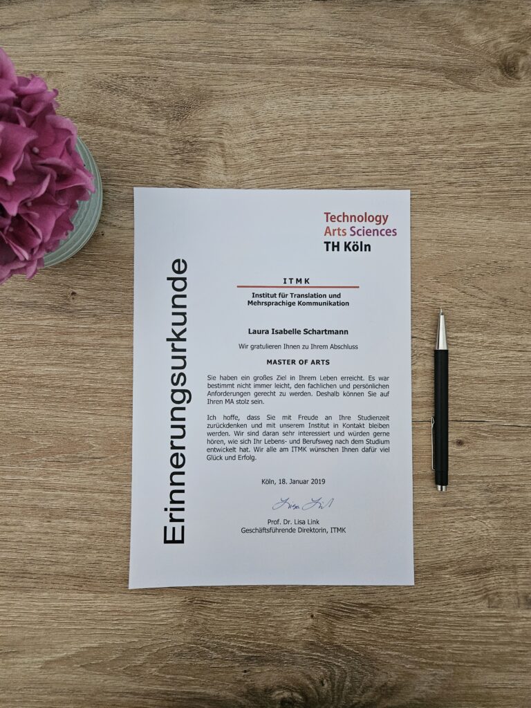 Erinnerungsurkunde zum Masterabschluss in Fachübersetzen an der TH Köln